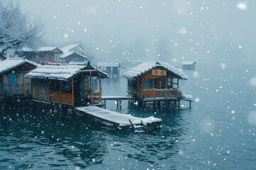 Fototapeta premium On snowy days, the wooden pavilion and boardwalk by the lake