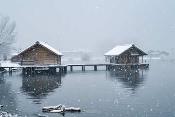 Fototapeta premium On snowy days, the wooden pavilion and boardwalk by the lake