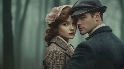 Vintage Couple Portrait in a Mystical Forest Embraces the Elegance of a Bygone Era
