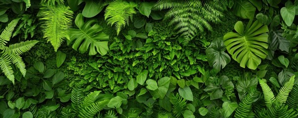 Vertical garden with bright green ferns and moss, eco-friendly public space, 3D illustration