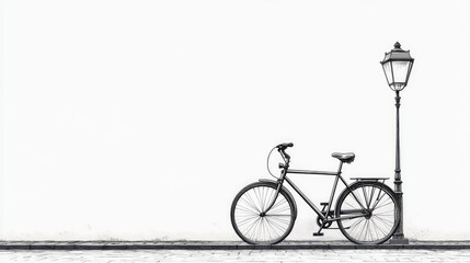 Line Illustration of a Bicycle and Street Lamp on a Solid White Background