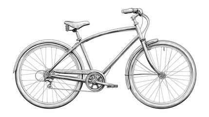 Detailed Line Illustration of a Bicycle with Intricate Wheels Isolated on a Solid White Background