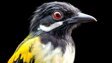 Colorful Bird Poses with Bright Red Eye on Black Background