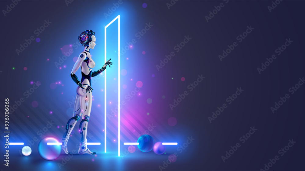 Poster Woman robot or cyborg with AI enters futuristic door. AI or artificial intelligence learning concept. AI technology. Computer neural network training in image of female robot. Robot comes to door.