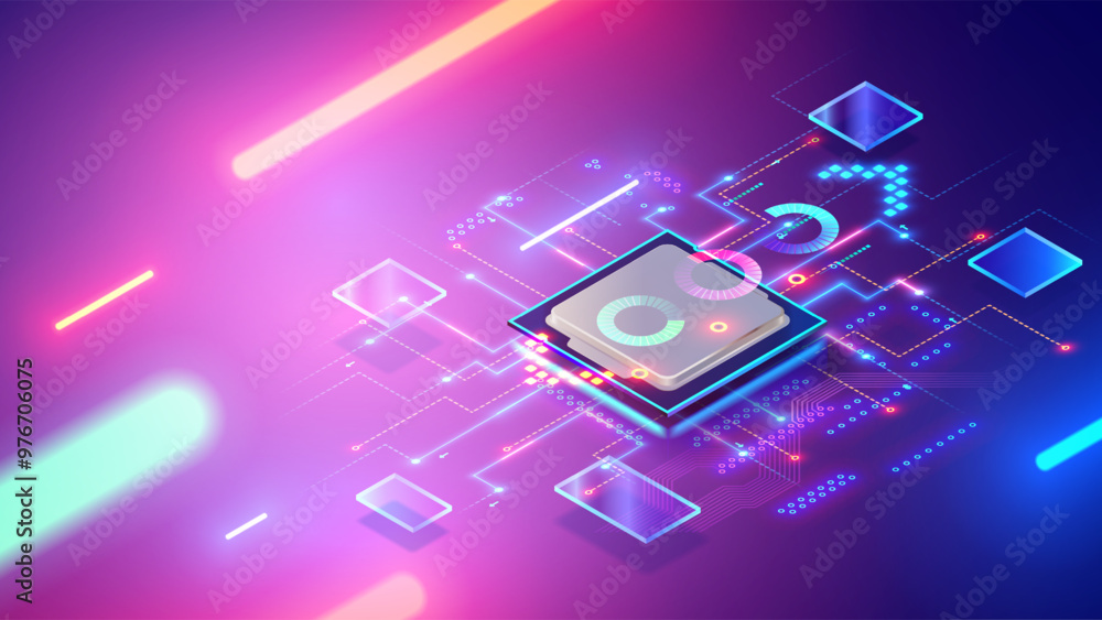 Poster CPU or electronic chip processor with AI. Glowing AI chip on motherboard. Artificial intelligence technology in electronic chip on PCB board. Hardware tech electronic background. Isometric GPU or CPU.