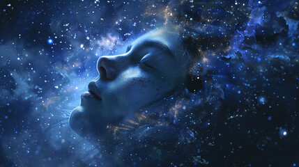Fototapeta premium A person drifting in a glowing sea of stars and moonlight, with their face calm and serene as they enter the deep realm of sleep.