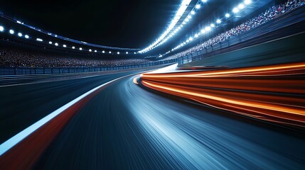 A Car's Blurry Tail Lights and Streaks on a Race Track at Night