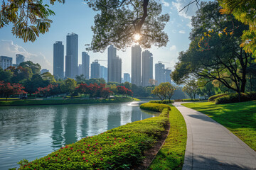 Urban residential communities, pedestrian walkways by the lake