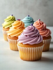 vanilla cupcakes with pastelcolored frosting tiny decorations against bright white background with soft lighting