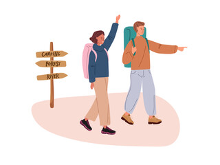 Girl and guy in casual clothes with backpacks saw their friends, cheerfully saying hello. Young People walking on hike, camping. Flat cartoon vector isolated illustration on white background.