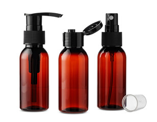 Amber glass bottles with various dispensers for cosmetics or skincare products