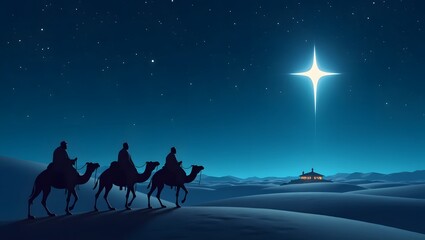 Wise Men Following the Star, Three wise men riding camels in the desert, following a bright star. Silhouette illustration.