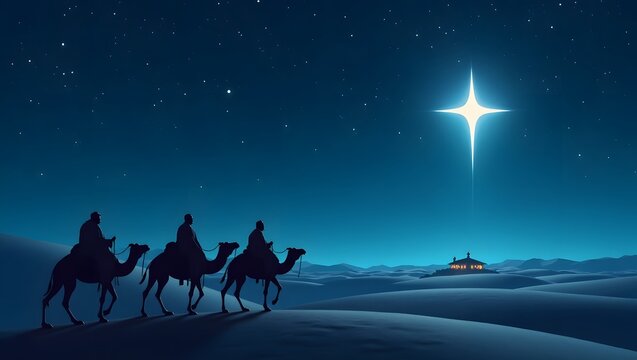 Wise Men Following the Star, Three wise men riding camels in the desert, following a bright star. Silhouette illustration.