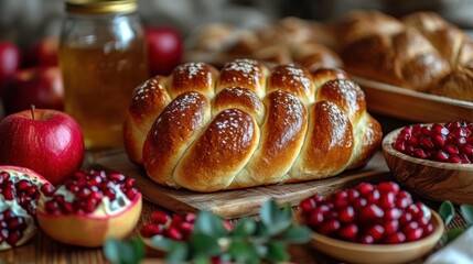 Freshly baked challah bread surrounded by apples, pomegranates and honey for rosh hashanah celebration