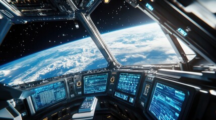 The interior of a spaceship, showing a large window overlooking Earth. The planet is covered in white clouds with hints of blue ocean peeking through