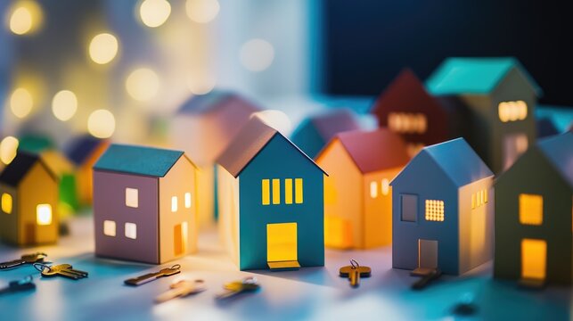 A collection of colorful model houses, arranged on a table, are illuminated from within, creating a warm and inviting ambiance