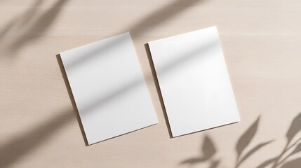 Fototapeta premium Two white sheets of paper are sitting on a wooden table