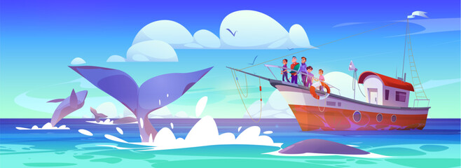 Men and teen kids standing on sail boat in sea or ocean and watching whales in water. Cartoon vector seascape with wild marine animals jumping and swimming near ship with people. Travel with excursion © klyaksun