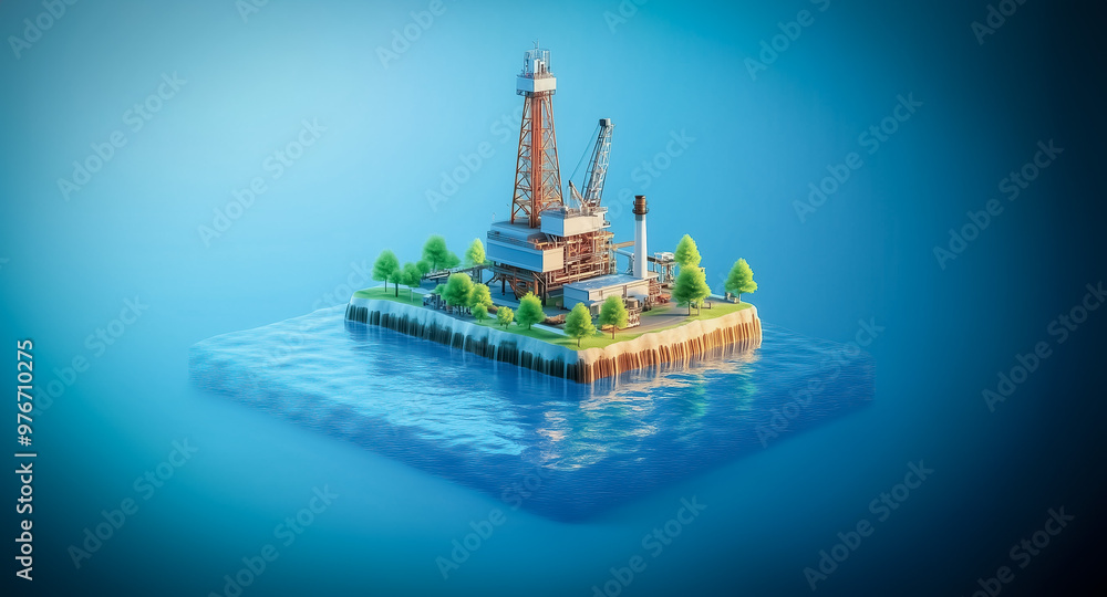 Poster a 3d isometric view of a large offshore oil platform situated in the open sea. the design features i