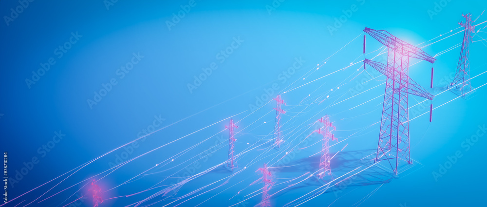 Poster detailed 3d isometric view of a high-voltage power line network on a blue background, showcasing the