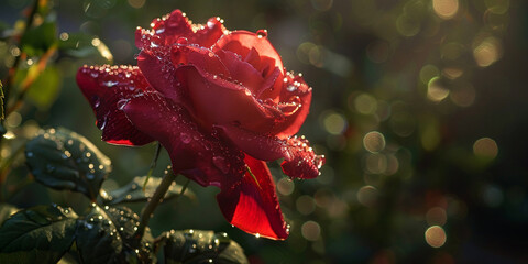 Scarlet Rose Closeup On Green Garden Background High Quality Photo A Red With Water Droplets It

