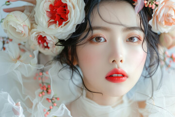 A young woman wearing a white wedding dress