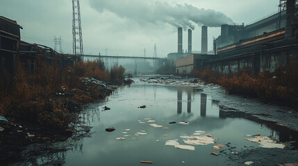 Fototapeta premium An image of a polluted river with industrial waste and effects on aquatic life.