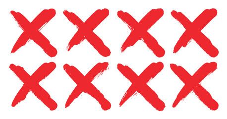 Obraz premium Bold hand painted red X cross mark rough brush strokes, disapproval, choice, mistake, error, cancel incorrect symbol.