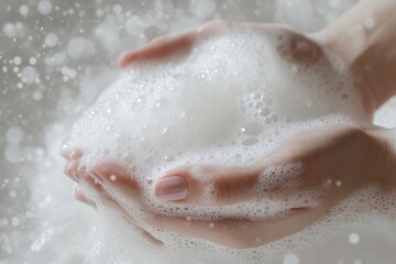 Fototapeta premium Girl's hands full of foam. Hand washing awareness week.