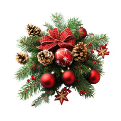 Festive Christmas swag with red flowers and berries, isolated on white background