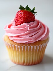 delicious strawberry cupcake with pink frosting fresh strawberry isolated simple white background highlighting details