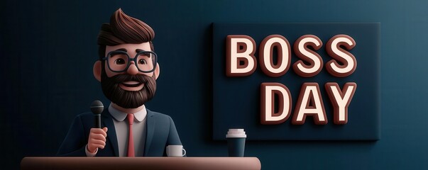 Boss giving speech at happy office party, lively atmosphere, 3D illustration