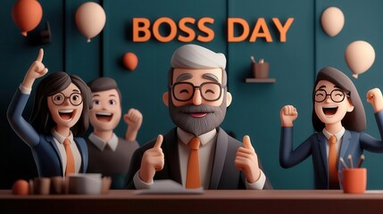 Boss receiving surprise at a lively office party, employees cheering, 3D illustration