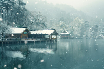Fototapeta premium On snowy days, the wooden pavilion and boardwalk by the lake