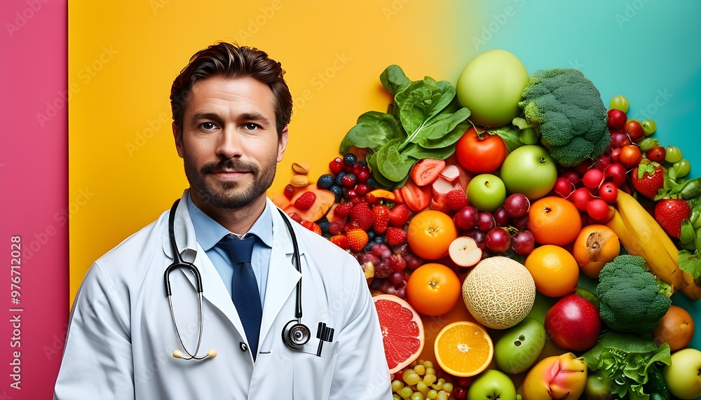 Wall mural nutritionist in white coat surrounded by vibrant fresh fruits and vegetables, promoting healthy life