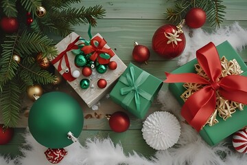 Paquets cadeaux de Noël disposés sur une surface verte, couleurs festives