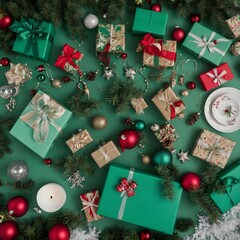 Paquets cadeaux de Noël disposés sur une surface verte, couleurs festives