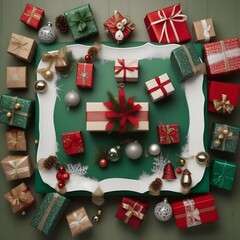 Paquets cadeaux de Noël disposés sur une surface verte, couleurs festives