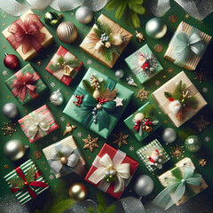 Paquets cadeaux de Noël disposés sur une surface verte, couleurs festives