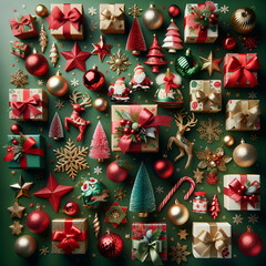 Paquets cadeaux de Noël disposés sur une surface verte, couleurs festives