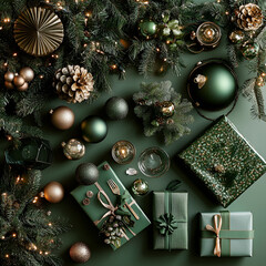 Paquets cadeaux de Noël disposés sur une surface verte, couleurs festives