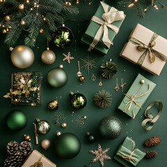 Paquets cadeaux de Noël disposés sur une surface verte, couleurs festives