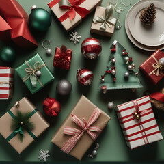 Paquets cadeaux de Noël disposés sur une surface verte, couleurs festives