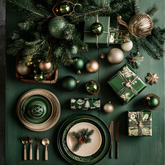 Paquets cadeaux de Noël disposés sur une surface verte, couleurs festives