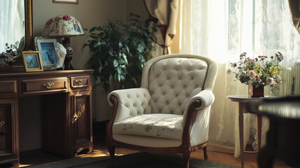 living room interior, Sofa and chairs near wooden table against window, There are two chairs on the porch, one of which has a white blanket draped over.