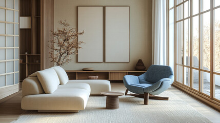 Empty room with plants and blue wall, The mock up interior design of modern house and apartment luxury cozy living room