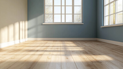 Mock-up of white empty room and wood laminate floor with sun light cast the shadow on the wall, Muji style, Empty wooden room,Cleaning japandi room interior