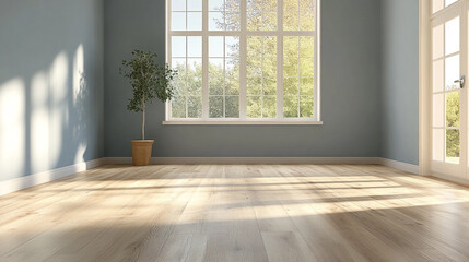Obraz premium Mock-up of white empty room and wood laminate floor with sun light cast the shadow on the wall, Muji style, Empty wooden room,Cleaning japandi room interior