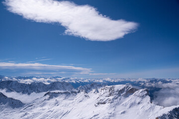Alpenpanorama mit Schnee, Eibsee Wolken, Zugspitze