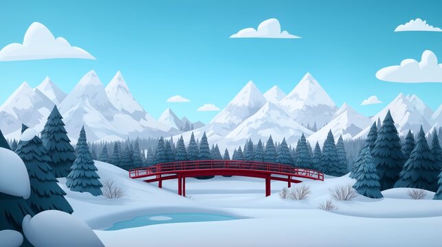 Scenic winter landscape with snowy mountains, pine trees, and a red bridge over a frozen river under a clear blue sky.